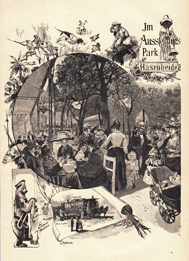Berlin Ausflugsort Hasenheide mit Pferdebahn und Berliner Bär - Original Holzstich Engraving