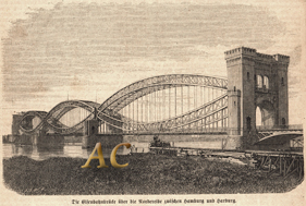 Eisenbahn Brücke Hamburg Harburg Elbe Original 1872 Stich Holzstich Engraving