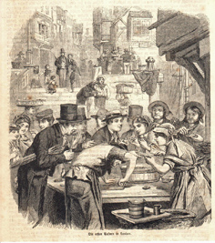 Die ersten Austern in London Koch Kochen Original Stich 1863 Holzstich Engraving