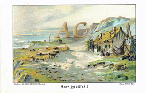 Fischerhaus am Meer mit Netzen Original Chromolithographie 1892 Lithography