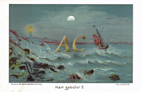 Segelboot vor der Küste im Sturm mit Leuchtturm Original Chromolithographie 1892 Lithography