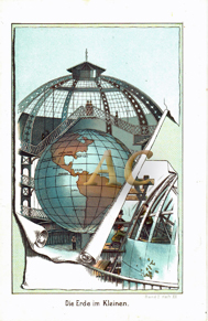 Die Erde im Kleinen Globus unter Glaskuppel Original Chromolithographie 1892 Lithography