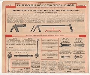 Imagen del vendedor de Fahrradfabrik August Stukenbrok, Einbeck. Fabrikation von Fahrrdern und Fahrradteilen. Billigste Bezugsquelle, da direkte Lieferung an Verbraucher. Seite 7/8, Ausgabe 1930. Hier wird nur Fahrradzubehr (u.a. Werkzeuge, Rahmen, Deutschland-Fahrrder mit 3jhriger Fabrikgarantie) angeboten. Dekorative Abbildungen! a la venta por GAENSAN Versandantiquariat