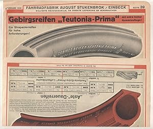 Imagen del vendedor de Fahrradfabrik August Stukenbrok, Einbeck. Fabrikation von Fahrrdern und Fahrradteilen. Billigste Bezugsquelle, da direkte Lieferung an Verbraucher. Seite 39/40, Ausgabe 1930. Hier wird nur Fahrradzubehr (u.a. Gebirgsreifen Teutonia-Prima, Luftschluche) angeboten. Dekorative Abbildungen! a la venta por GAENSAN Versandantiquariat