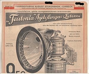 Imagen del vendedor de Fahrradfabrik August Stukenbrok, Einbeck. Erste Spezialfirma fr Fahrrder, Pneumatiks und Sportartikel. Preiswerte Qualitts-Markenrder Deutschland und Teutonia. Seite 51/52, Ausgabe 1930. Hier wird nur Fahrradzubehr (u.a. Teutonia Azetylengas-Laterne) angeboten. Dekorative Abbildungen! a la venta por GAENSAN Versandantiquariat