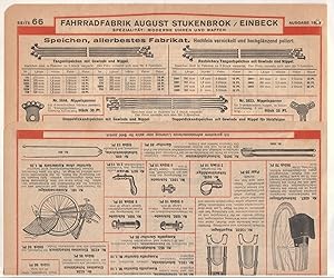 Imagen del vendedor de Fahrradfabrik August Stukenbrok, Einbeck. Anerkannt fhrende Firma der gesamten Fahrradbranche. Spezialitt: Moderne Uhren und Waffen. Seite 65/66, Ausgabe 1930. Hier wird nur Fahrradzubehr (u.a. Ersatzteile fr Handbremsen) angeboten. Dekorative Abbildungen! a la venta por GAENSAN Versandantiquariat