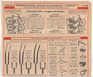 Imagen del vendedor de Fahrradfabrik August Stukenbrok, Einbeck. Anerkannt fhrende Firma der gesamten Fahrradbranche. Spezialitt: Moderne Uhren und Waffen. Seite 9/10, Ausgabe 1930. Hier wird nur Fahrradzubehr angeboten (u.a. Teutonia-Jugendrder). Dekorative Abbildungen! a la venta por GAENSAN Versandantiquariat