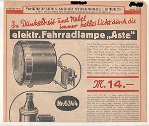 Imagen del vendedor de Fahrradfabrik August Stukenbrok, Einbeck. Erstes Fahrradhaus Deutschlands. Erste Spezialfirma fr Fahrrder, Pneumatiks und Sportartikel. Seite 53/54, Ausgabe 1930. Hier wird nur Fahrradzubehr (u.a. Elektr. Fahrradlampe Aste) angeboten. Dekorative Abbildungen! a la venta por GAENSAN Versandantiquariat