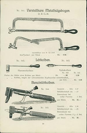 1919 - Graphik: Metallsägebogen - Lötkolben - Benzinlötkolben - Rollgabelschlüssel - Werkstattsch...