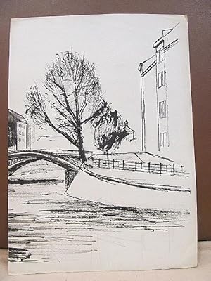 Bild des Verkufers fr Baum am Kanal mit Bogenbrcke in Berlin. Tuschzeichnung ( und Faserstift, Bleistift ) auf Bttenpapier. Das Blatt unsigniert und undatiert ( aus Knstlernachla ). zum Verkauf von Antiquariat Friederichsen