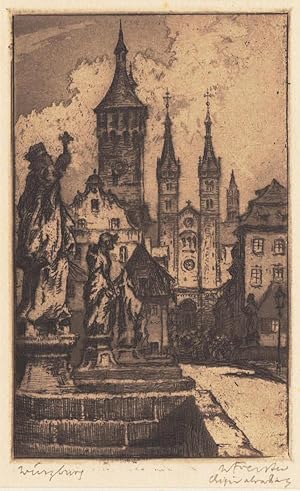 Seller image for Wrzburg. Alte Mainbrcke mit Blick zum Dom. Signierte und betitelte Originalradierung um 1930. 12 x 7,5 cm (Druck) for sale by Klaus Schneborn