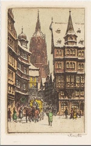 Image du vendeur pour Frankfurt. (Altstadt mit Blick zum Dom). Signierte, kolor. Originalradierung. 12,2 x 7,7 cm (Druck) mis en vente par Klaus Schneborn