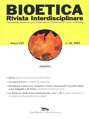 Bild des Verkufers fr Bioetica. Anno XVII n. 3A, 2009 zum Verkauf von Librodifaccia