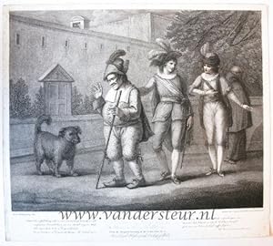 [Antique print stipple etching, British] Launce Teaching his Dog (hond) Crab, to Behave as a Dog ...