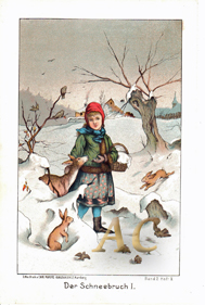 Mädchen mit Tieren im Schnee Original Chromolithographie 1892 Lithography