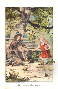 Junge im Wald auf Bank, Mädchen mit Ball Original Chromolithographie 1892 Lithography