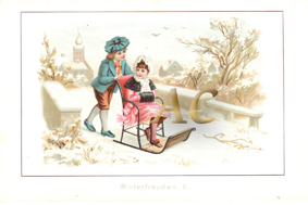 Winterfreuden Kinder mit Schlitten Original Chromolithographie 1892 Lithography