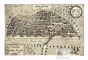 Imagen del vendedor de Mascon ad ararim flumen burgundie oppid. Ansicht der alten Stadt Macon in Burgund mit Stadtbefestigungen und Brcke ber die Saone aus der Vogelschau. Kupferstich von Valegio um 1590 a la venta por historicArt Antiquariat & Kunsthandlung