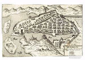 Imagen del vendedor de Marssilia pervetusta et opulentissima Gallie civitas. Ansicht des alten Marseille mit Hafen und vielen Windmhlen innerhalb der Stadtmauern aus der Vogelschau. Kupferstich von Valegio um 1590 a la venta por historicArt Antiquariat & Kunsthandlung