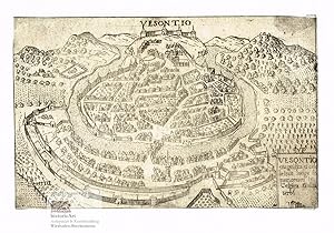 Imagen del vendedor de Vesontio magnifica et celebritate longe faquanorum in Celtica Gallia urbs. Ansicht der alten Stadt Besancon mit Stadtbefestigungen und Brcke ber den Fluss Doubs aus der Vogelschau. Kupferstich von Valegio um 1590 a la venta por historicArt Antiquariat & Kunsthandlung