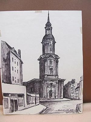 Seller image for Hoher barocker Kirchturm. Faserstiftzeichnung auf Papier, rechts unten mit *Kohlhoff (19)65 * signiert und datiert. for sale by Antiquariat Friederichsen e. K.