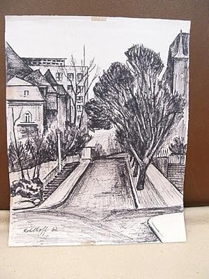 Seller image for Strasse mit Mietsh�usern und modernem Wohnblock, rechterhand B�ume. Wohl Berliner Strassenzug. Faserstift auf Papier. Links unten mit *Kohlhoff (19)62 * signiert und datiert. for sale by Antiquariat Friederichsen e. K.