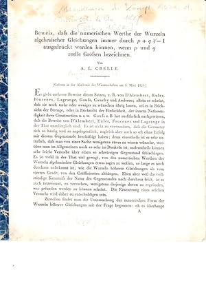 Beweis, dass die numerischen Werthe der Wurzeln algebraischer Gleichungenimmer durch p + q V (= W...