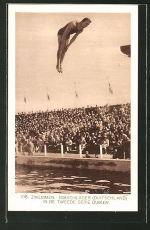 Ansichtskarte Wasserspringer Ewald Riebschläger bei den Olympischen Spielen 1928