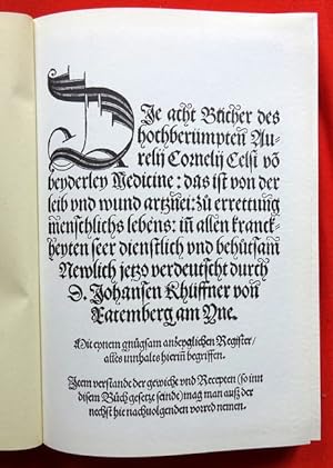 Bild des Verkufers fr Die acht Bcher des hochberhmten Aurelius Cornelius Celsi von beyderly Medicine. Mainz 1531 zum Verkauf von ANTIQUARIAT H. EPPLER