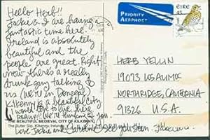 Autographed postcard with handwritten note addressed to Herb Yellin of the Lord John Press.