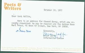 Postcard addressed to Herb Yellin of the Lord John Press, from the Poets & Writers magazine, New ...