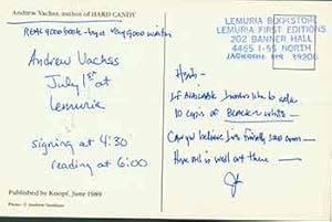 Postcard addressed to Herb Yellin of the Lord John Press, [from Andrew Vachss], author of Hard Ca...