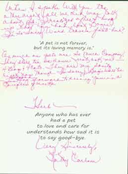 Sympathy card addressed to Herb Yellin of the Lord John Press, from Kathy Carlson.