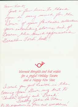 Holiday card addressed to Herb Yellin of the Lord John Press, from John De Voto.