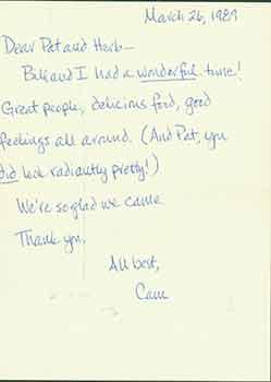 Thank You card addressed to Pat and Herb Yellin of the Lord John Press from  [Cam ] 