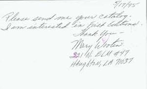 Postcard addressed to Lord John Press, from Mary Jo Wooten.