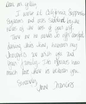 Sympathy card addressed to Herb Yellin of the Lord John Press, from Anne Francis.