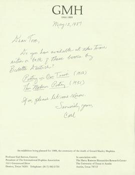 Imagen del vendedor de ALS Carl Sutton to Tom Goldwasser, May 12, 1987. Inquiry regarding books related to the Gerard Manley Hopkins exhibition being planned for the Harry Ransom Center in 1989. a la venta por Wittenborn Art Books