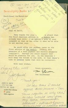 Imagen del vendedor de TLS Tom Goldwasser to James W. Smith, September 5, 1985. Inquiry regarding the 1st American Edition of The Hobbit. a la venta por Wittenborn Art Books