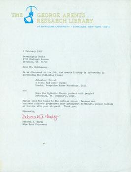 Imagen del vendedor de TLS Deborah A. Hardy to Tom Goldwasser, February 8, 1982. a la venta por Wittenborn Art Books