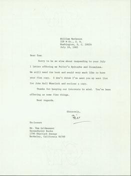 Typed letter signed by William Matheson to Tom Goldwasser (Serendipity Books, Berkeley, CA), July...