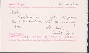 Review Copy Label. MS Note inked on label to Herb Yellin from poet David Duer: "Enclosed are 3 se...