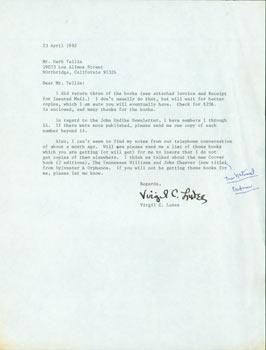 Immagine del venditore per Typed letter signed, Virgil C. Lutes to Herb Yellin, April 23, 1982. RE: Cheever, Tennessee Williams. venduto da Wittenborn Art Books