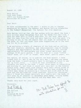 Seller image for Typed letter signed, Bob Pollock to Herb Yellin, August 10, 1990. RE: Robert B. Parker. for sale by Wittenborn Art Books