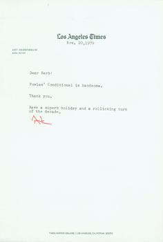 Imagen del vendedor de TLS letter from Art Seidenbaum to Herb Yellin. November 20, 1979. RE: Lord John Press limited edition of John Fowles' broadside Conditional. a la venta por Wittenborn Art Books