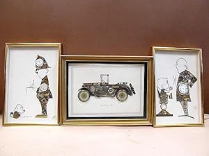 3 Horological Collages, signed and framed under glass. Policemant  BMW 3/15 Dixi  Clockmaker an...
