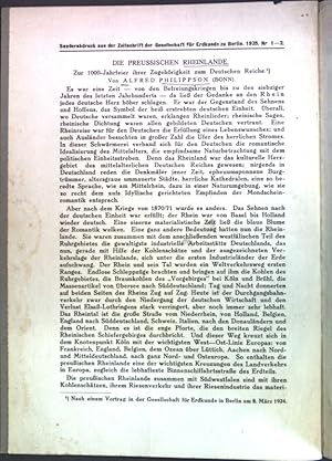 Seller image for Die preussischen Rheinlande: Zur 1000-Jahrfeier ihrer Zugehrigkeit zum Deutschen Reiche; Sonderabdruck aus der Zeitschrift der Gesellschaft fr Erdkunde zu Berlin; for sale by books4less (Versandantiquariat Petra Gros GmbH & Co. KG)