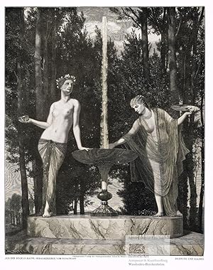 Bild des Verkufers fr Dichtung und Malerei. Weibliche Allegorien an einem Springbrunnen in einem Hain. Xylographie von Weber nach einem Gemlde von Bcklin um 1910 zum Verkauf von historicArt Antiquariat & Kunsthandlung