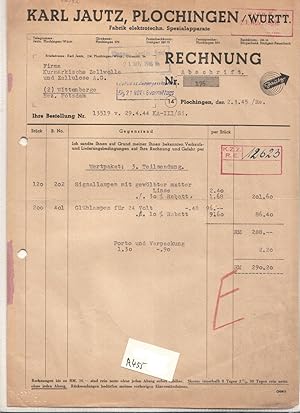 Rechnung Karl Jautz Plochingen Württ. Fabrik eletrotechn. Spezialapparate 1945