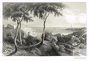 Genua.Malerische Ansicht von Genua und den Golf von Genua von einer Anhöhe aus. Stahlstich um 1835